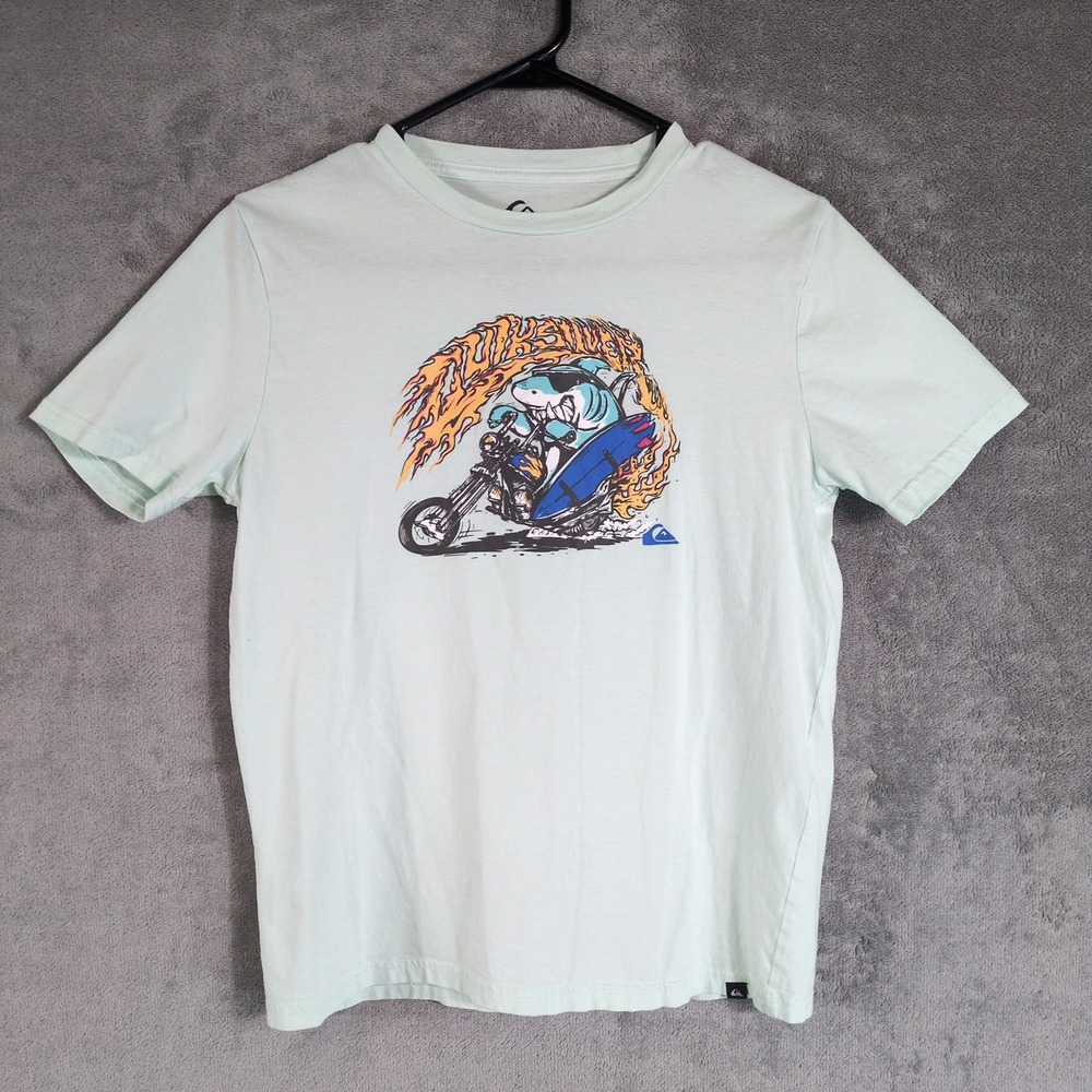 Quiksilver Boys Mint Green Shark Motorcycle Surf Graphic T-Shirtβ Size L 14/16